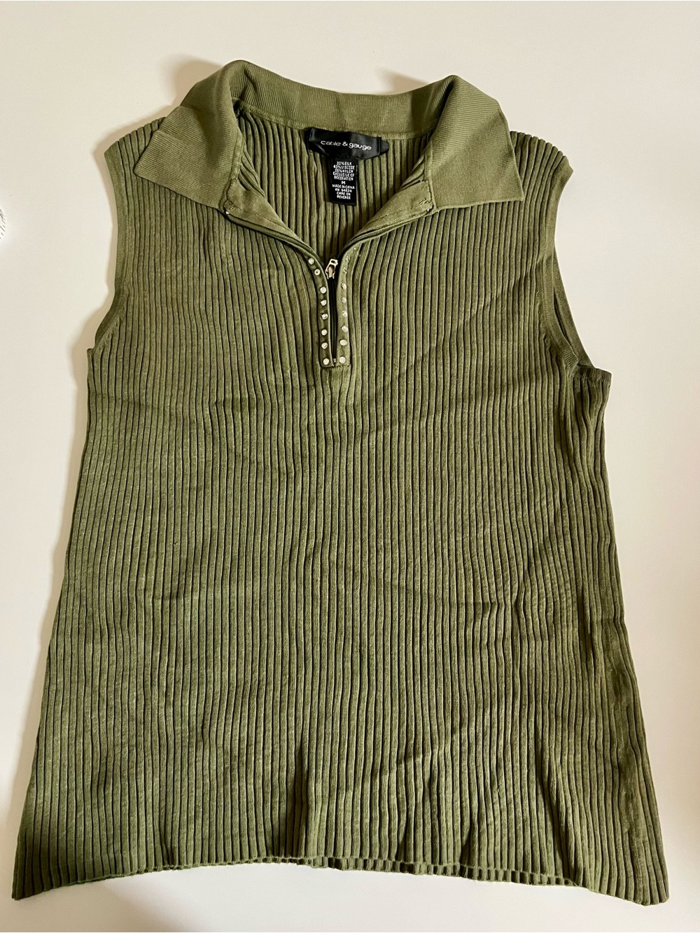 Cable & Gauge Olive Ribbed Sleeveless Zip Polo Tank